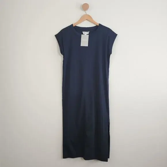 Everlane The Luxe Cotton Side Slit Tee Dress XS Black NWT Midi Short Sleeve New - Picture 2 of 12
